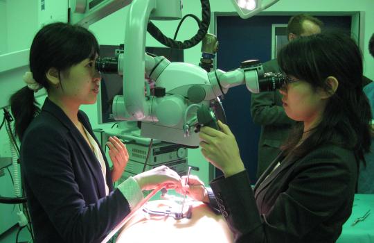 Two participants are using medical technology