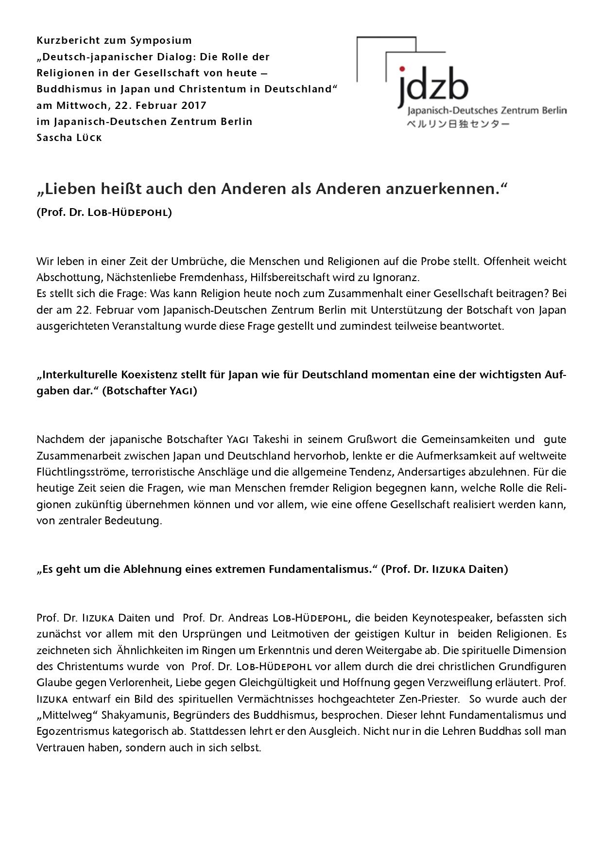 Deutsch-japanischer Dialog: Die Rolle der Religionen in der Gesellschaft von heute – Buddhismus in Japan und Christentum in Deutschland